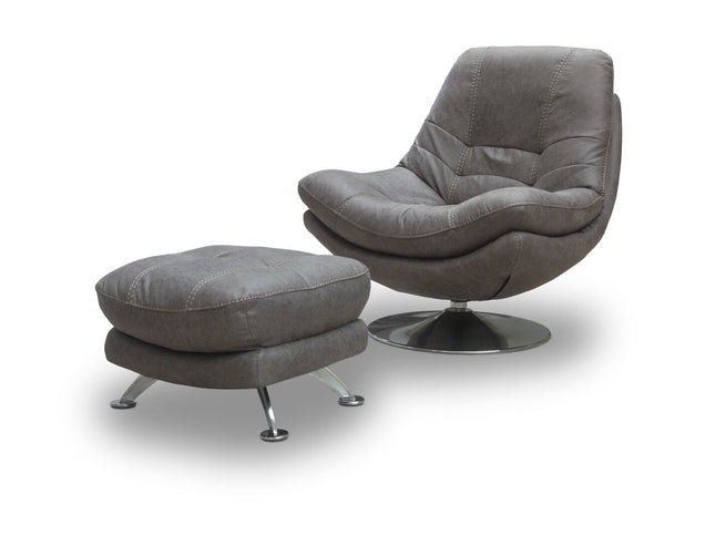 Dark grey fabric swivel chair with footstool