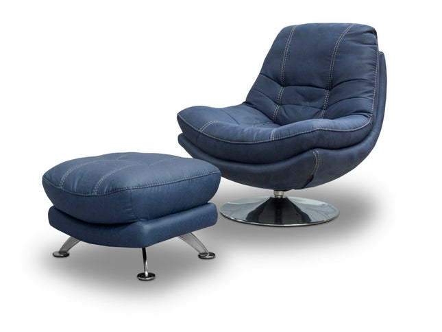 Swivel chair with footstool, blue fabric