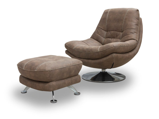 Swivel chair with footstool, hazel brown fabric