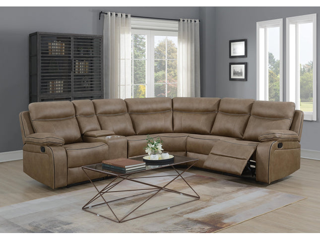 Recliner corner sofa with console in tan fabric