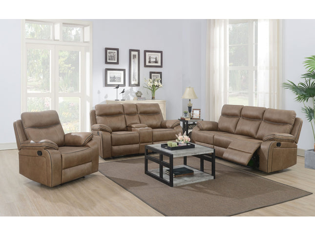 3+2 seater recliner sofa with console in tan fabric