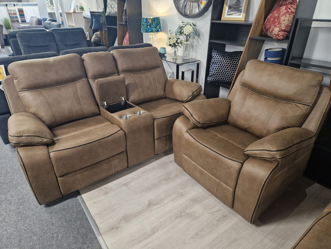3+2 seater recliner sofa with console in tan fabric