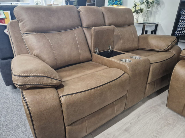2 seater recliner sofa with console in tan fabric