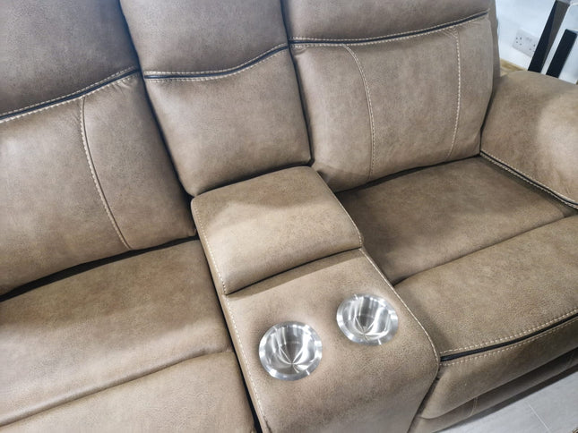 3+2 seater recliner sofa with console in tan fabric