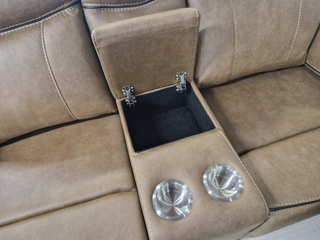 3+2 seater recliner sofa with console in tan fabric