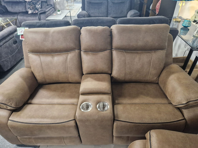 2 seater recliner sofa with console in tan fabric