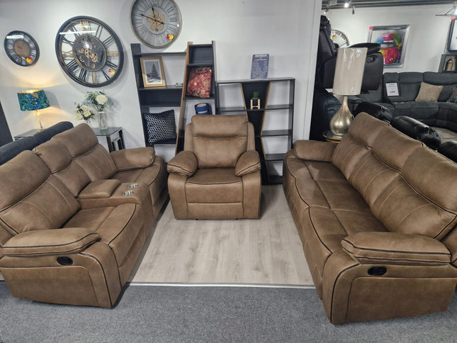 3+2 seater recliner sofa with console in tan fabric
