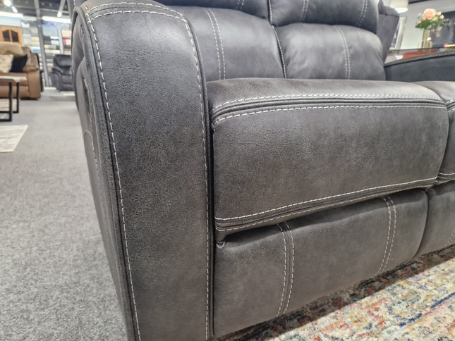 Corner saofa with console in dark grey micro fibre fabric recliner