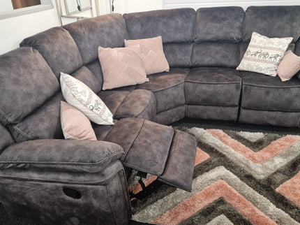 corner sofa with recliner end seats in dark grey suede fabric