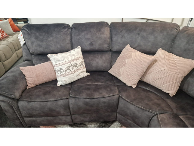 Bronte corner sofa with recliner end seats in dark grey suede fabric