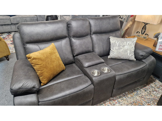 2 seater recliner sofa with console in dark grey fabric